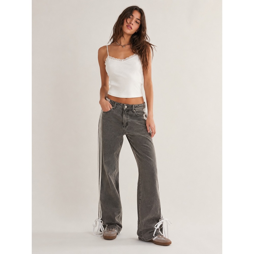 NWT Edikted Ribbon Washed Low Rise Baggy Jeans Sz S Dark Grey Streetwear
